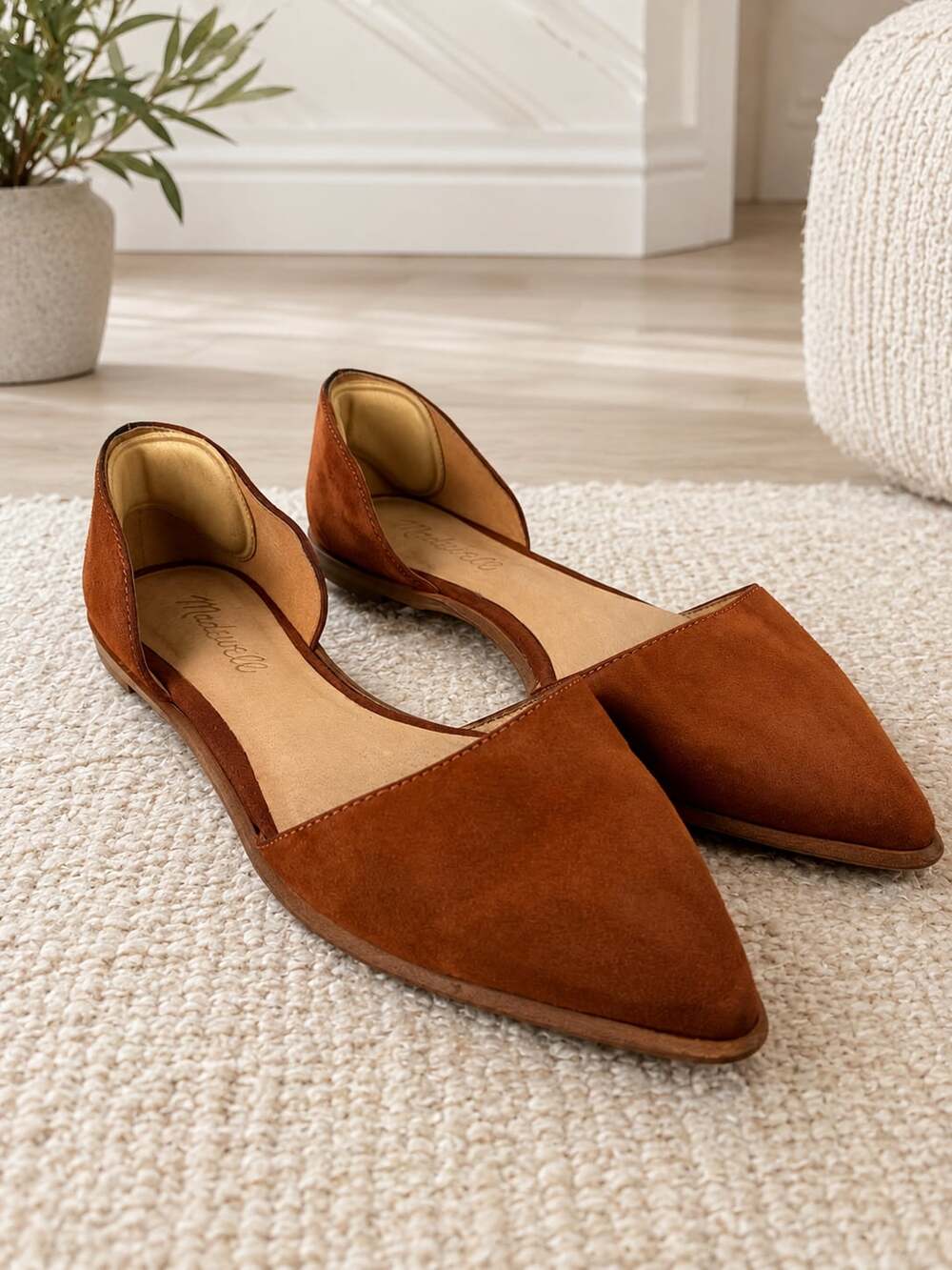 Madewell Suede Pointed D'Orsay Flats in Rust Brown